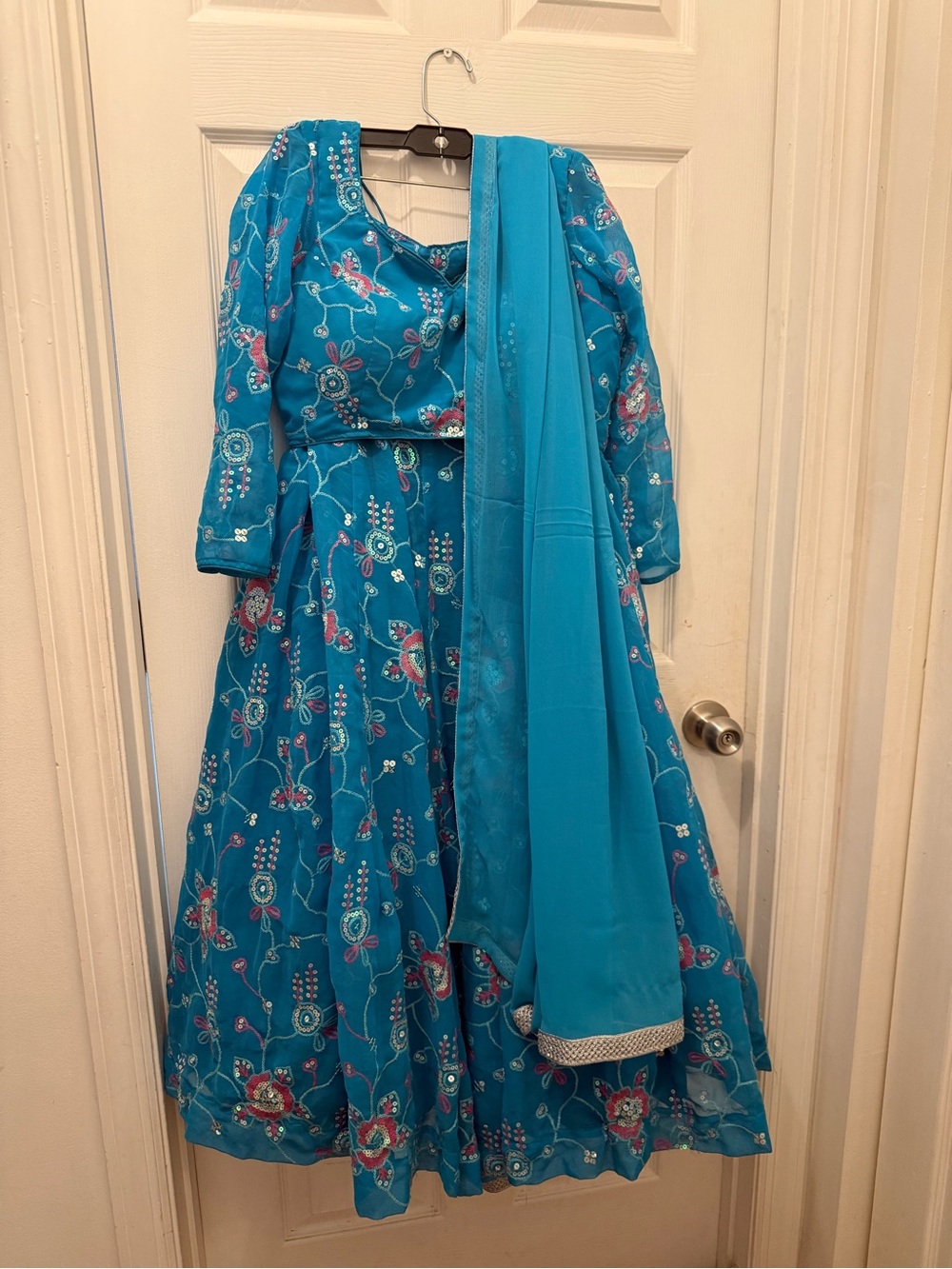 India Boutique Teal Blue Floral Embroidered Lehenga with Matching Dupatta